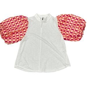 THML White Red Puff Sleeve Mock Neck Mixed Media Blouse Top Size Small